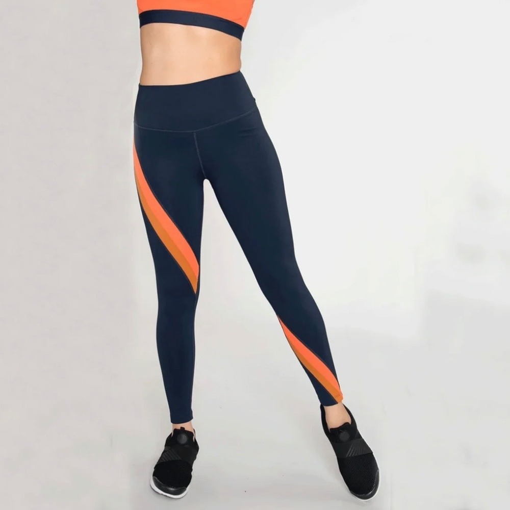 Splits59 Navy Blue Orange Striped High Waist Athletic Leggings S59 Yoga Tights